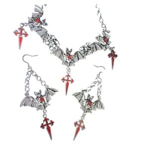 GOTHIC Style Silver Metallic and  Red Droplet Bat and Cross Earrings & N…